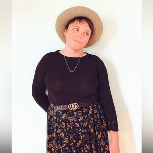 Vintage Y2K Boho Dark Brown Knit 3/4 Sleeve Poly Fabric Sweater